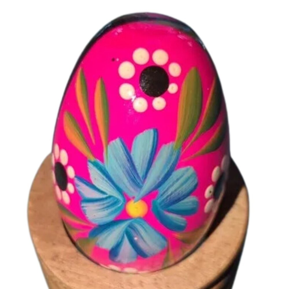 Vintage Folk Art Hand Painted Russian Polish Wooden Easter Egg Flowers Pisanki